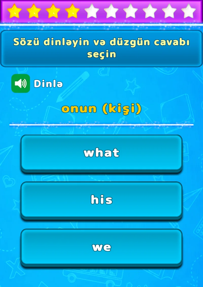 Üç ingilis sözü variantı olan LuvStudy dinləmə tapşırığı