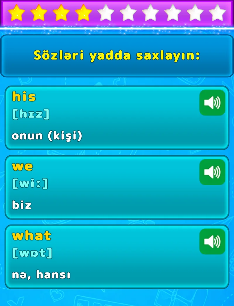 Tərcümə, transkripsiya və səsləndirmə ilə üç ingilis sözünü yadda saxlamaq üçün LuvStudy ekranı
