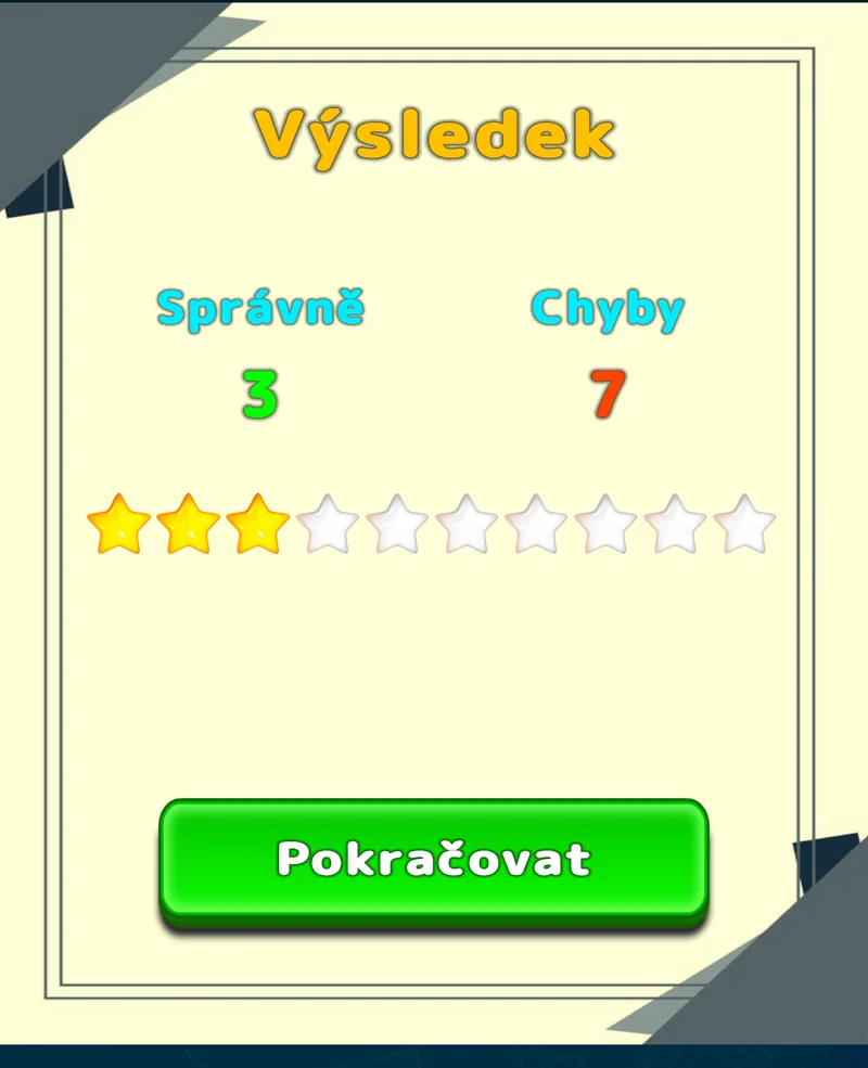Výsledek procvičování v LuvStudy se správnými odpověďmi, chybami a hvězdami