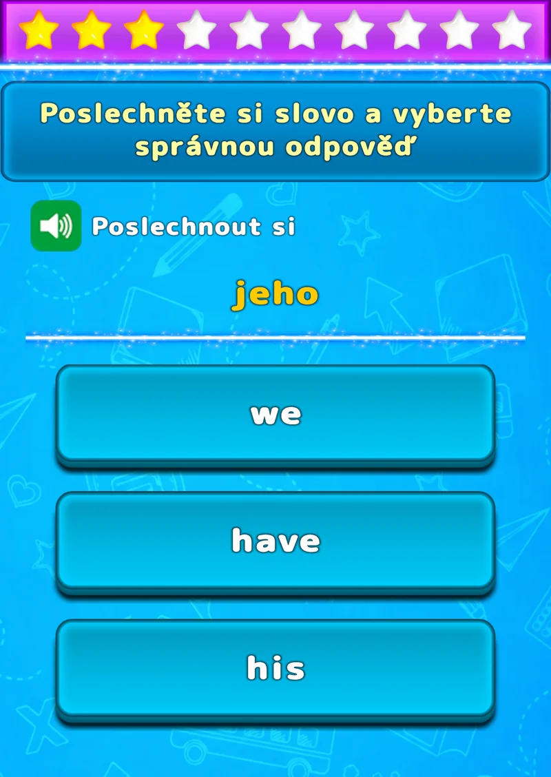 Poslechové cvičení LuvStudy se třemi anglickými slovy na výběr
