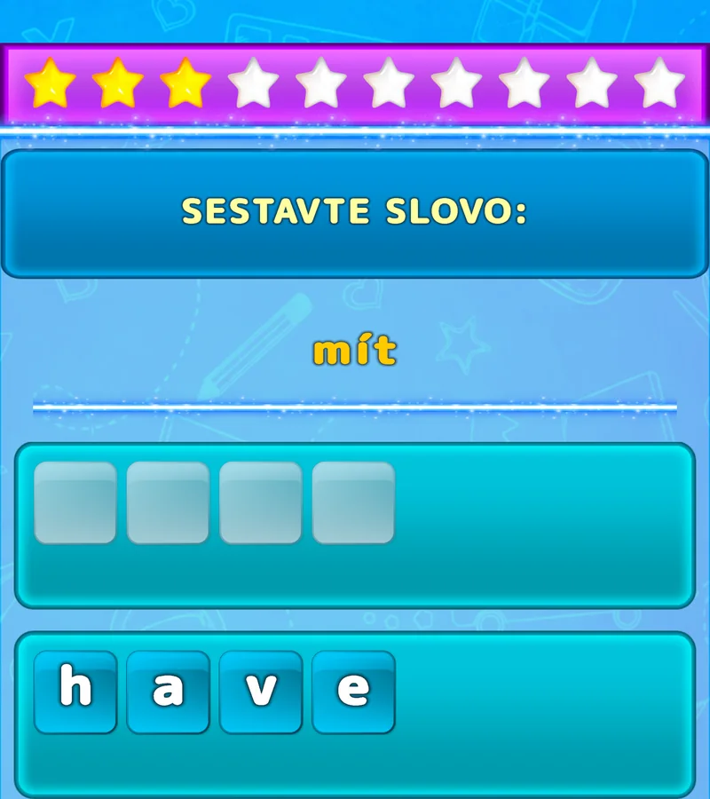 Cvičení LuvStudy pro sestavení anglického slova z přeházených písmen