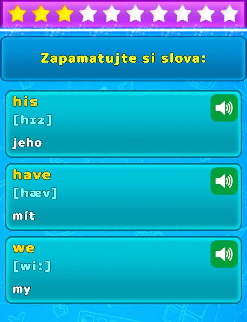 Obrazovka LuvStudy pro zapamatování tří anglických slov s překladem, fonetickým přepisem a výslovností