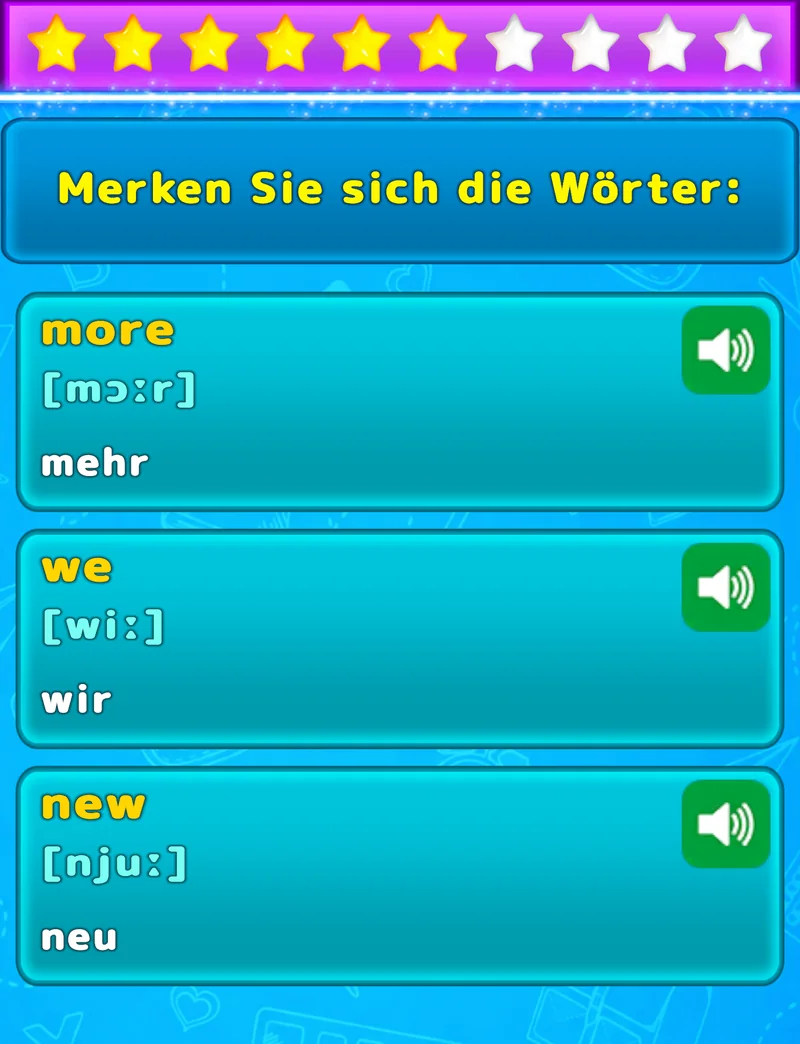 LuvStudy-Ansicht zum Einprägen von drei englischen Wörtern mit Übersetzung, Lautschrift und Audio