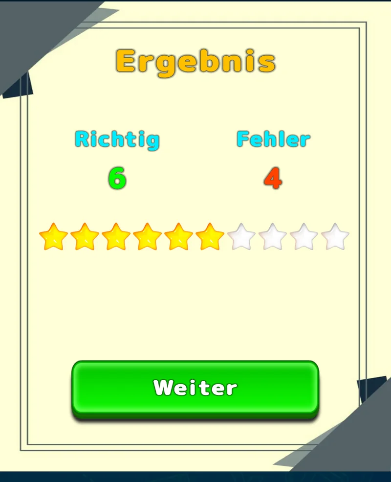 LuvStudy-Lernergebnis mit richtigen Antworten, Fehlern und Sternen
