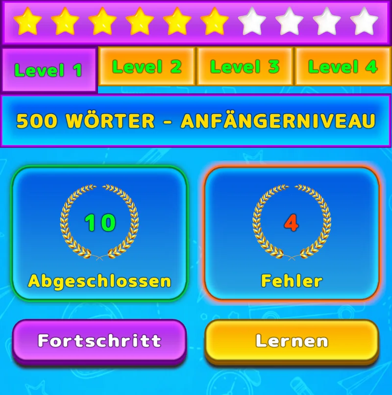 LuvStudy-Ansicht mit vier Stufen, Sternen, bearbeiteten Wörtern und Fehlern