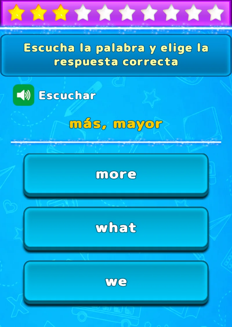 Ejercicio de escucha de LuvStudy con tres palabras en inglés como opciones de respuesta