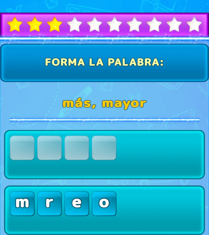 Ejercicio de LuvStudy para formar una palabra en inglés con letras desordenadas