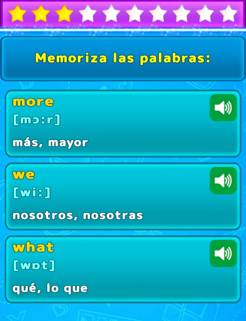 Pantalla de LuvStudy para memorizar tres palabras en inglés con traducción, transcripción fonética y audio
