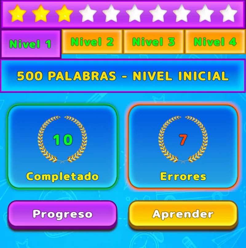 Pantalla de LuvStudy con cuatro niveles, estrellas, palabras completadas y errores