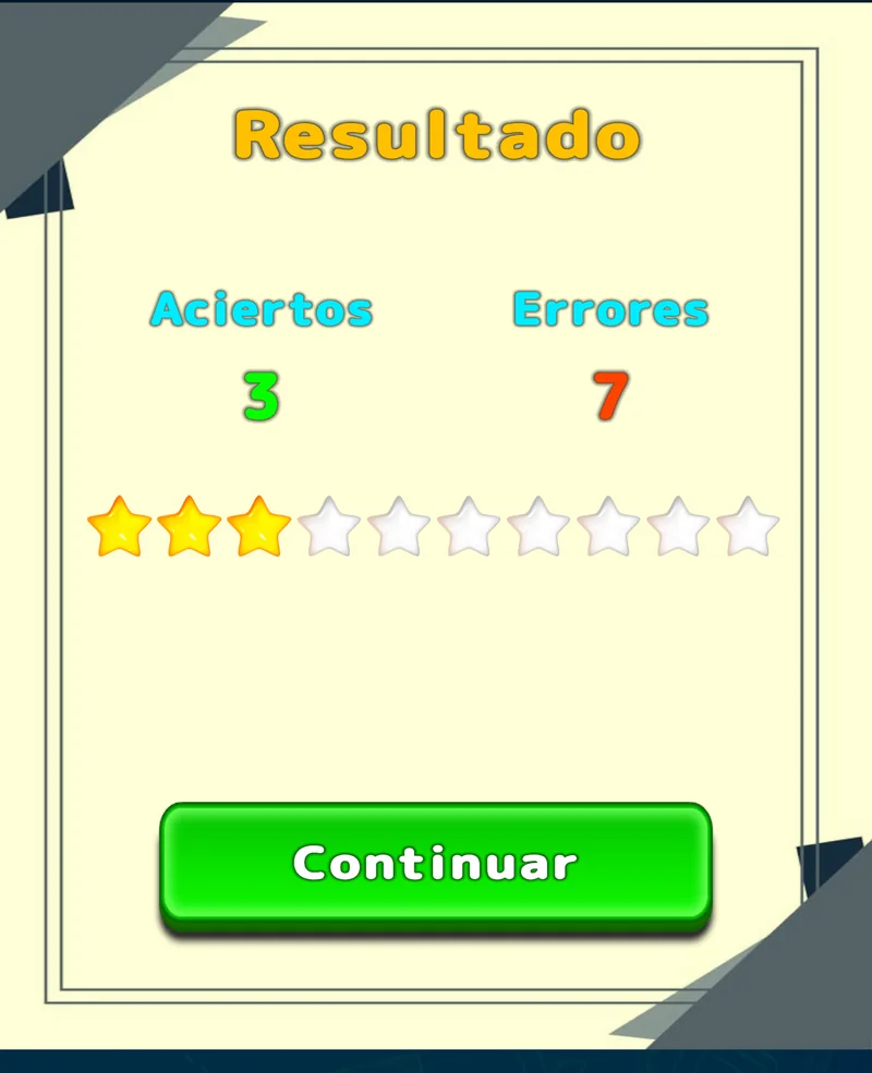 Resultado de una sesión de práctica en LuvStudy con aciertos, errores y estrellas