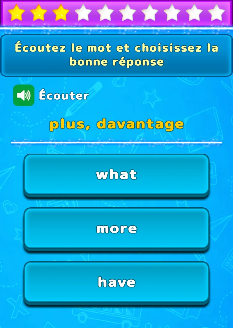 Exercice d’écoute LuvStudy proposant trois mots anglais