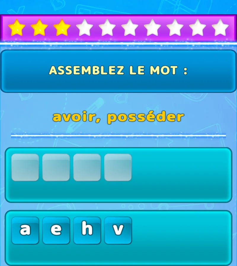 Exercice LuvStudy pour former un mot anglais à partir de lettres mélangées