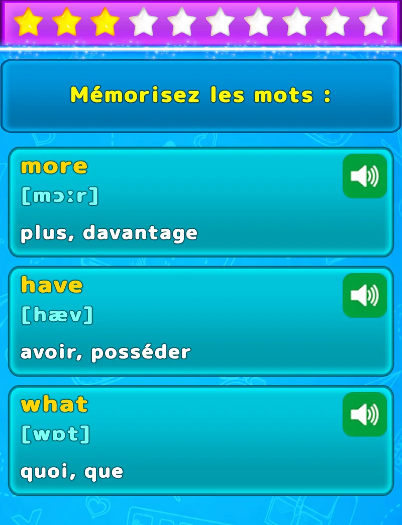 Écran LuvStudy pour mémoriser trois mots anglais avec traduction, transcription phonétique et audio
