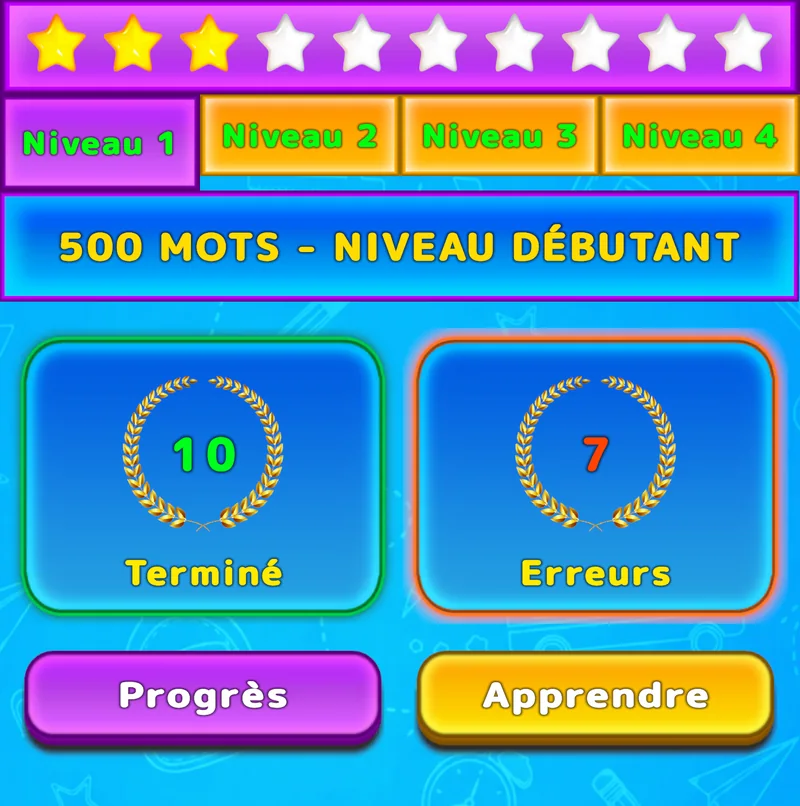 Écran LuvStudy montrant quatre niveaux, les étoiles, les mots terminés et les erreurs