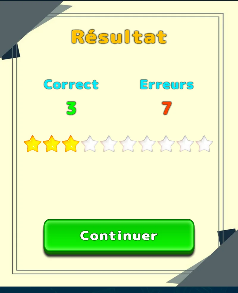 Résultat d’un entraînement LuvStudy avec les bonnes réponses, les erreurs et les étoiles