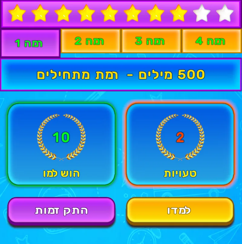 מסך LuvStudy המציג ארבע רמות, כוכבים, מילים שהושלמו וטעויות