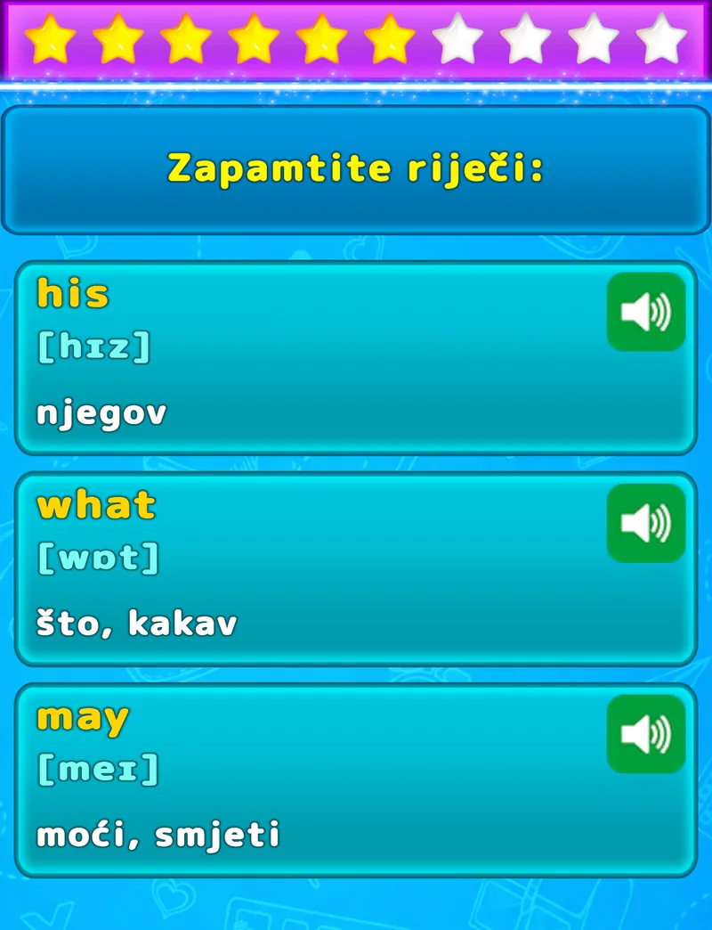Zaslon LuvStudyja za pamćenje triju engleskih riječi s prijevodom, fonetskom transkripcijom i zvučnim zapisom