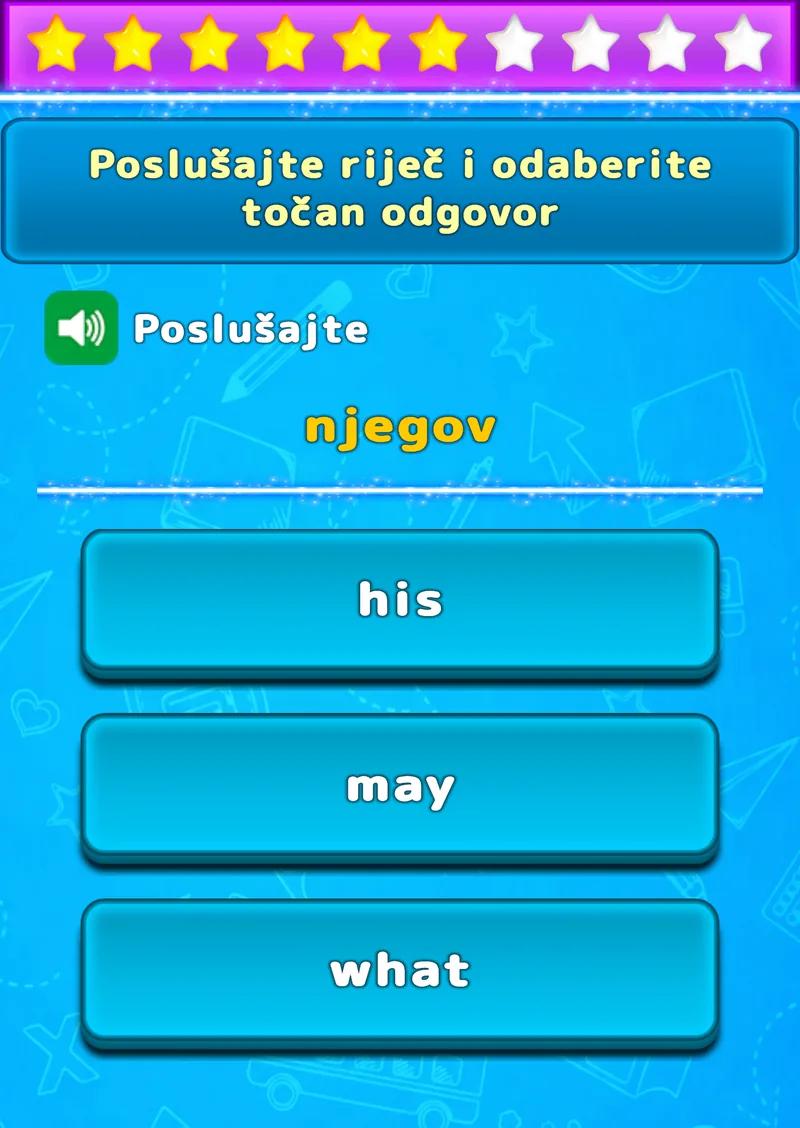 Vježba slušanja u LuvStudyju s tri ponuđene engleske riječi