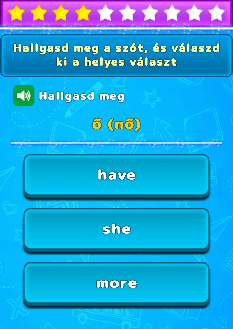 A LuvStudy hallás utáni gyakorlata három választható angol szóval