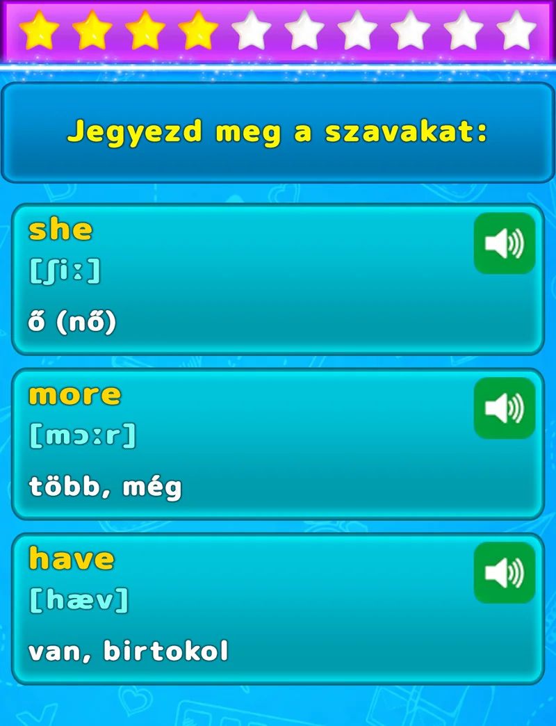 Három angol szó megjegyzése magyar fordítással, fonetikus átírással és kiejtési hanganyaggal a LuvStudyban