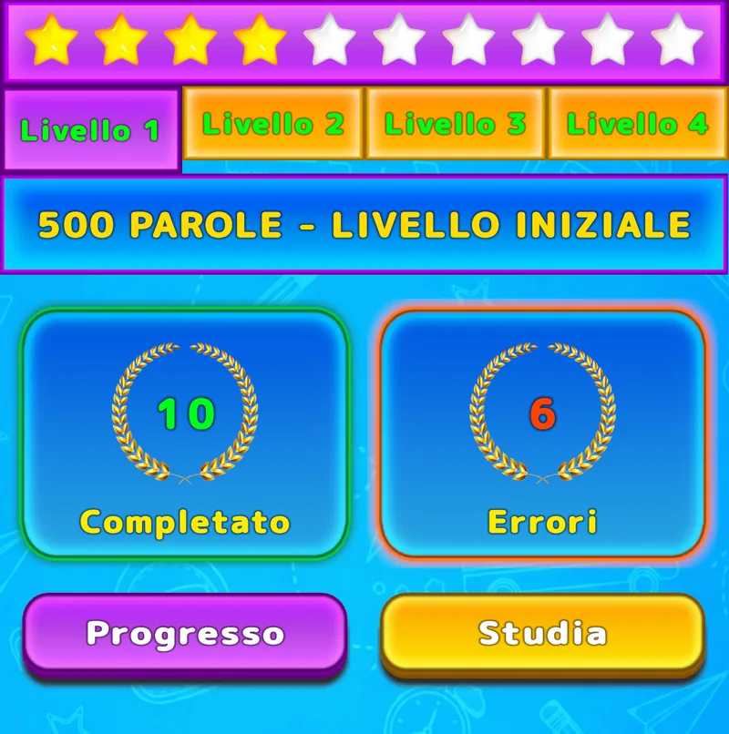 Schermata di LuvStudy con quattro livelli, stelle, parole completate ed errori