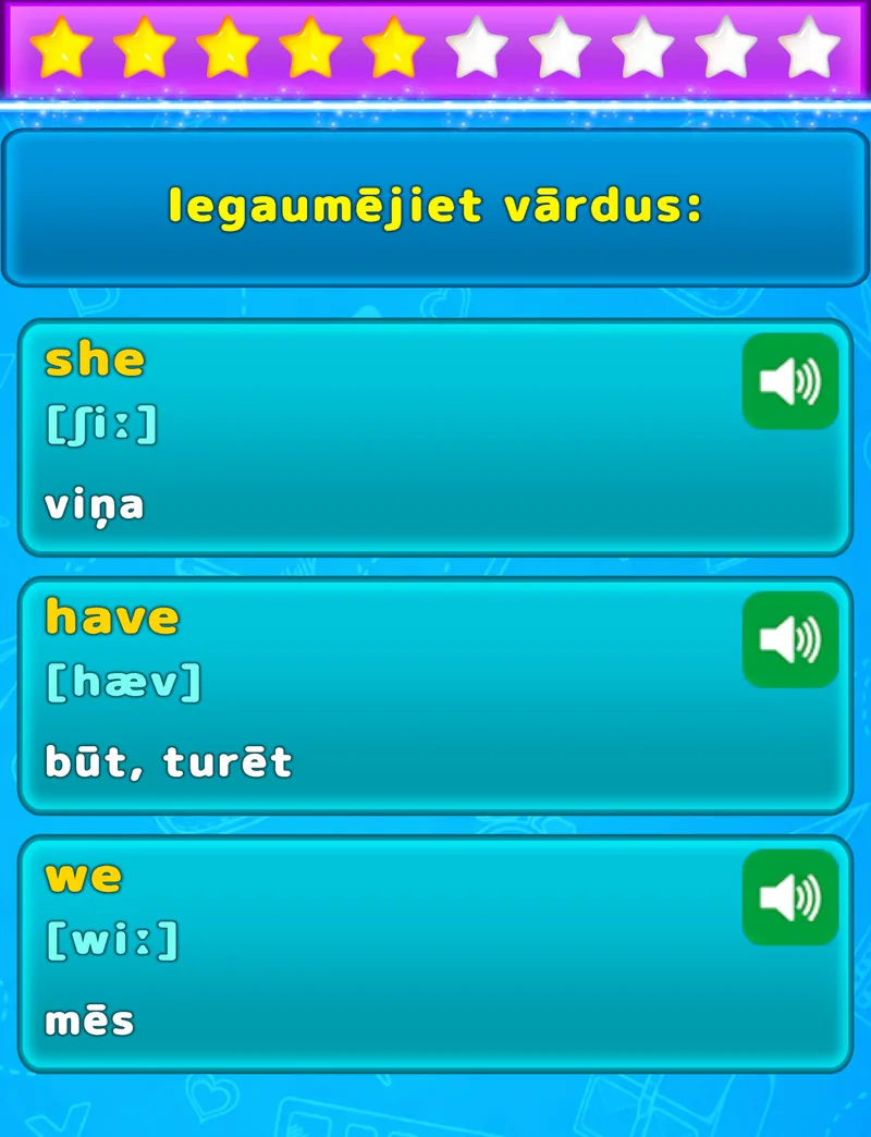 LuvStudy ekrāns trīs angļu valodas vārdu iegaumēšanai ar tulkojumiem, fonētisko transkripciju un izrunu
