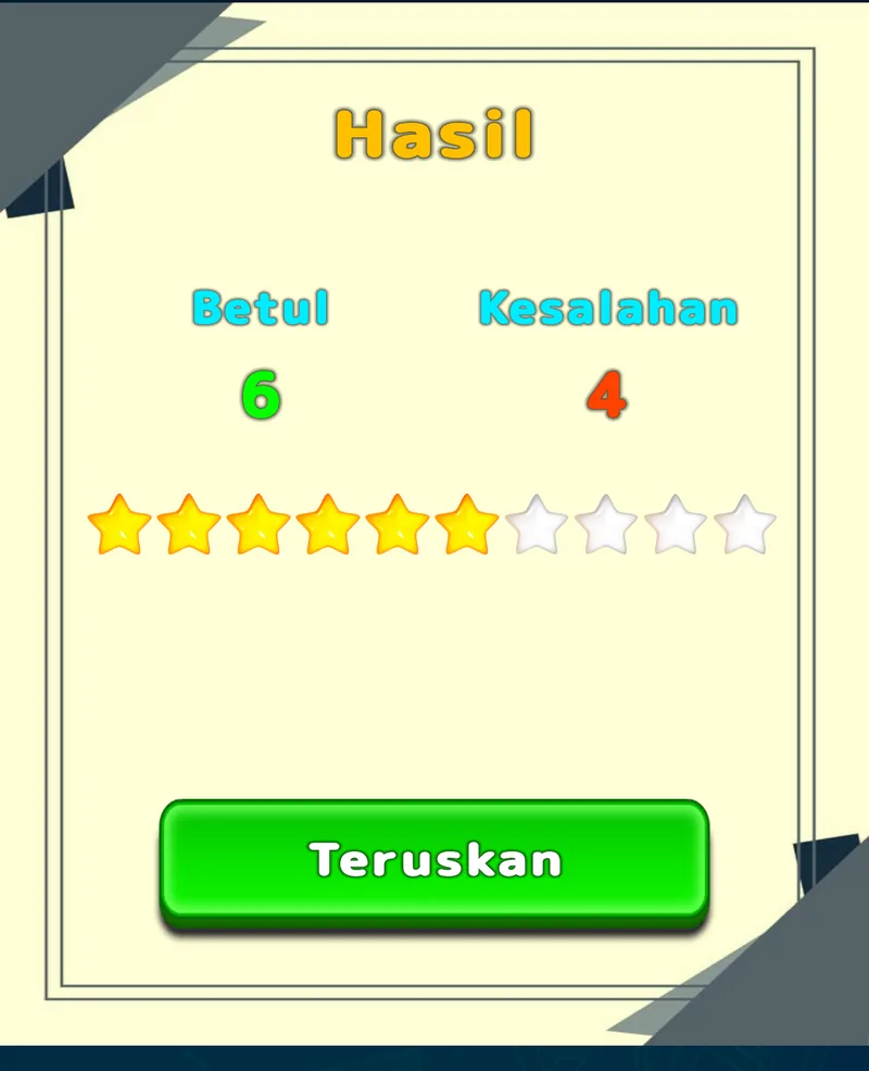 Keputusan latihan LuvStudy yang menunjukkan jawapan betul, kesilapan dan bintang