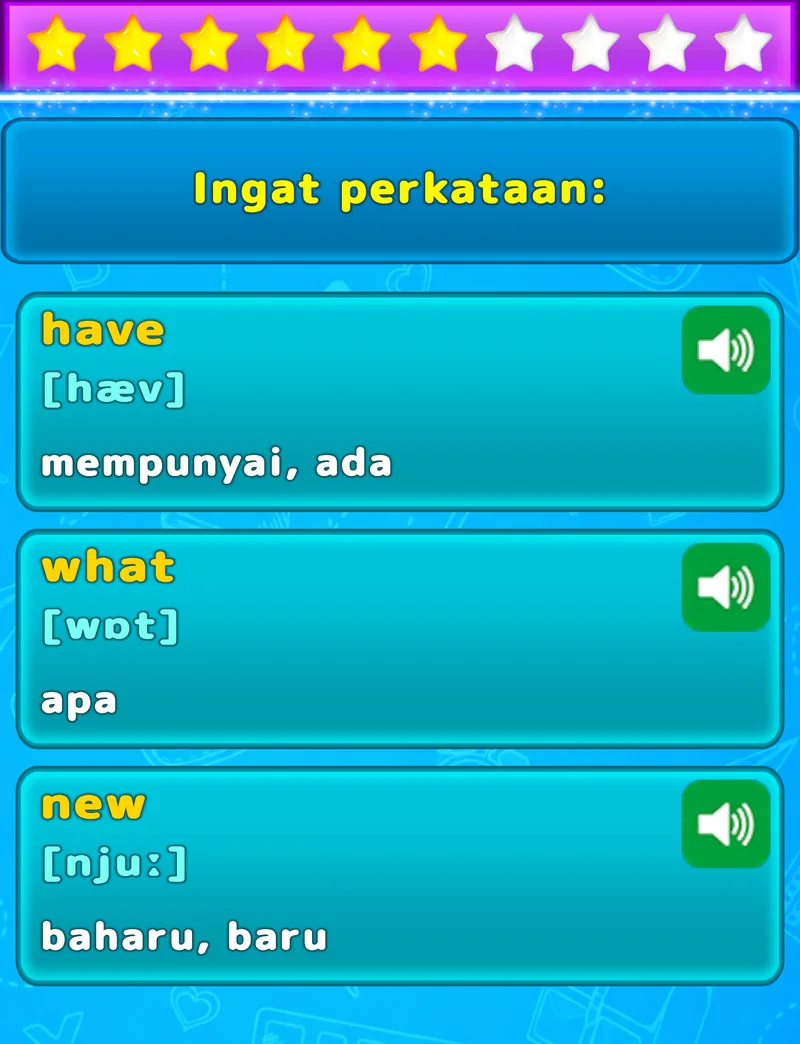 Skrin LuvStudy untuk mengingati tiga perkataan bahasa Inggeris dengan terjemahan, transkripsi fonetik dan audio