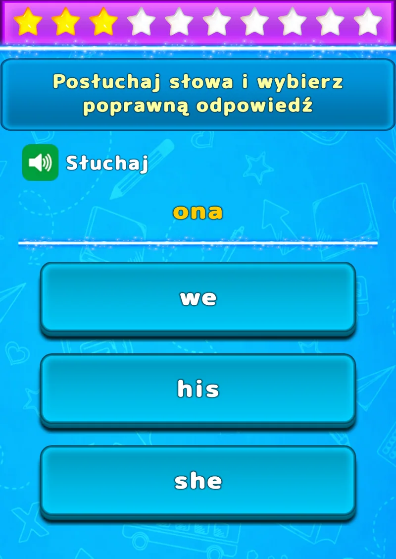 Ćwiczenie ze słuchu w LuvStudy z trzema angielskimi słowami do wyboru