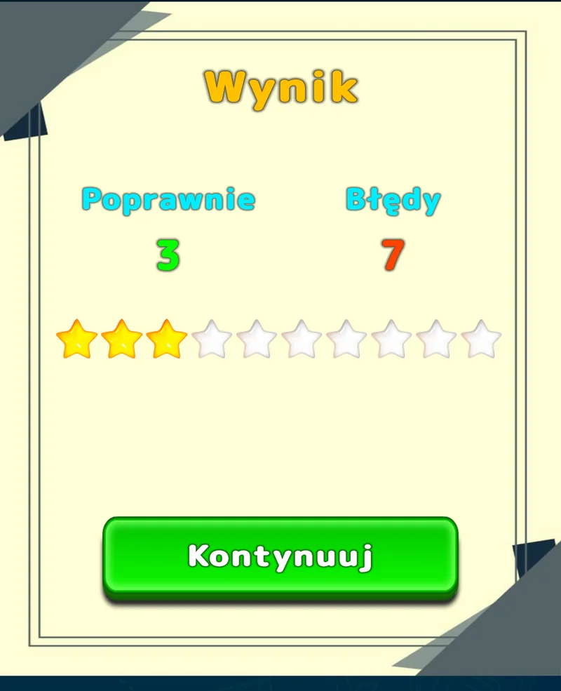 Wynik treningu w LuvStudy z poprawnymi odpowiedziami, błędami i gwiazdkami