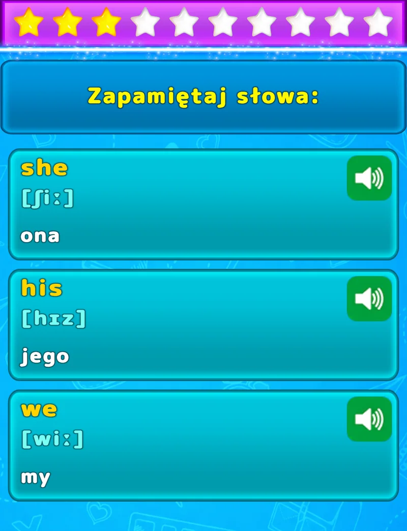 Ekran zapamiętywania trzech angielskich słów w LuvStudy z tłumaczeniem, transkrypcją fonetyczną i nagraniem