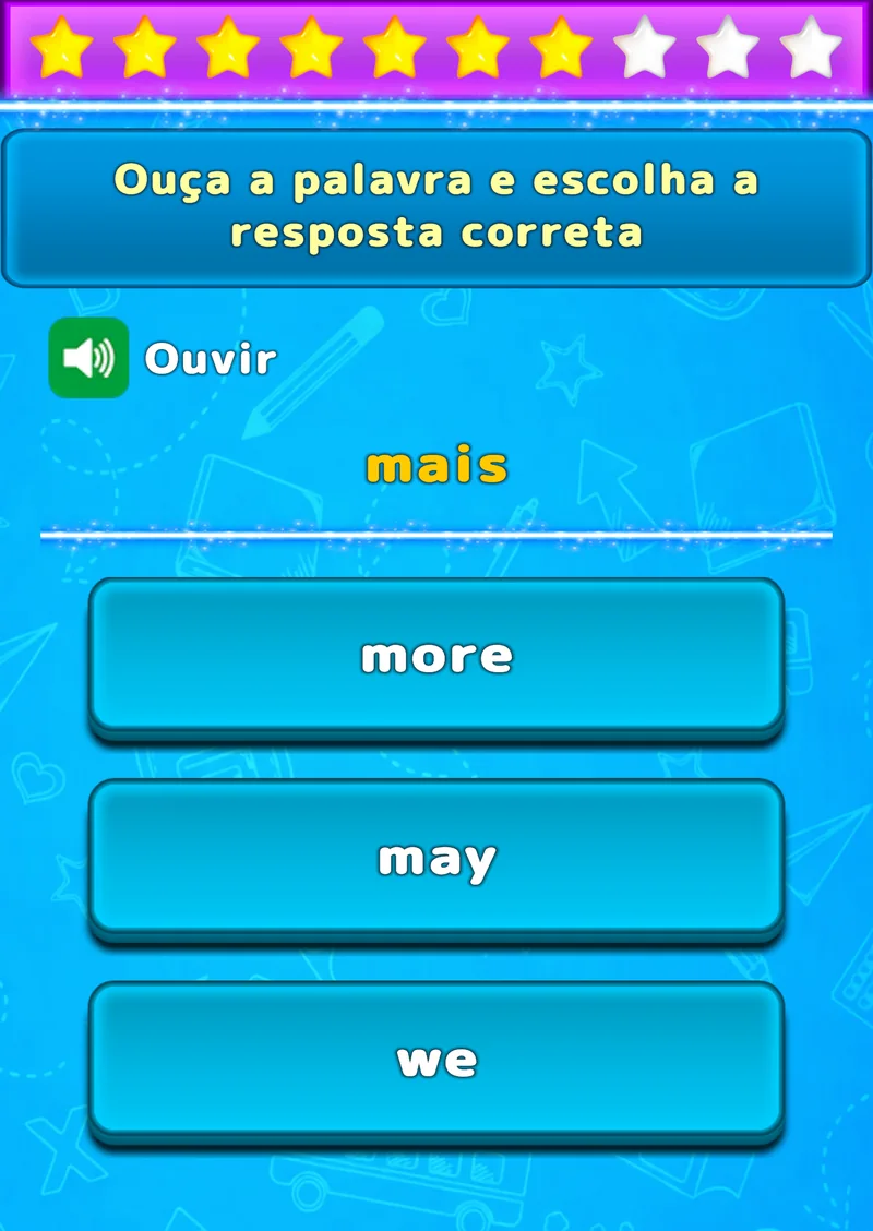 Exercício de compreensão oral do LuvStudy com três palavras em inglês como opções de resposta
