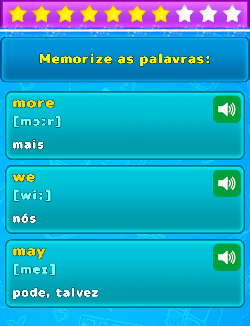 Ecrã do LuvStudy para memorizar três palavras em inglês com tradução, transcrição fonética e áudio