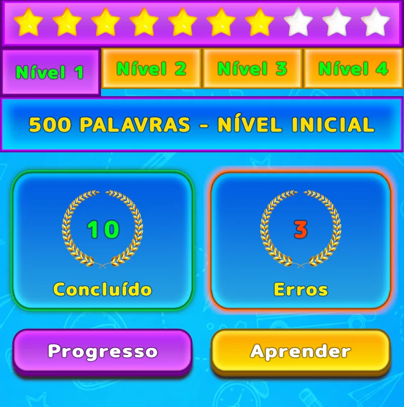 Ecrã do LuvStudy com quatro níveis, estrelas, palavras concluídas e erros