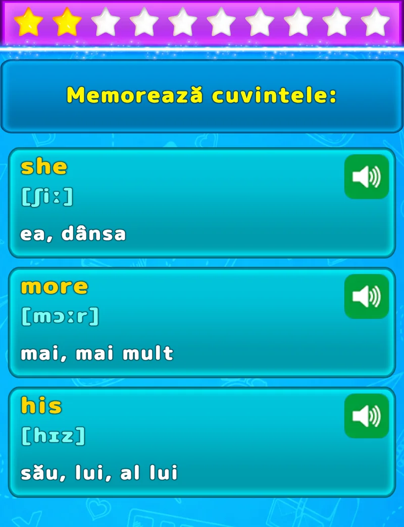 Ecran LuvStudy pentru memorarea a trei cuvinte în engleză, cu traducere, transcriere fonetică și audio