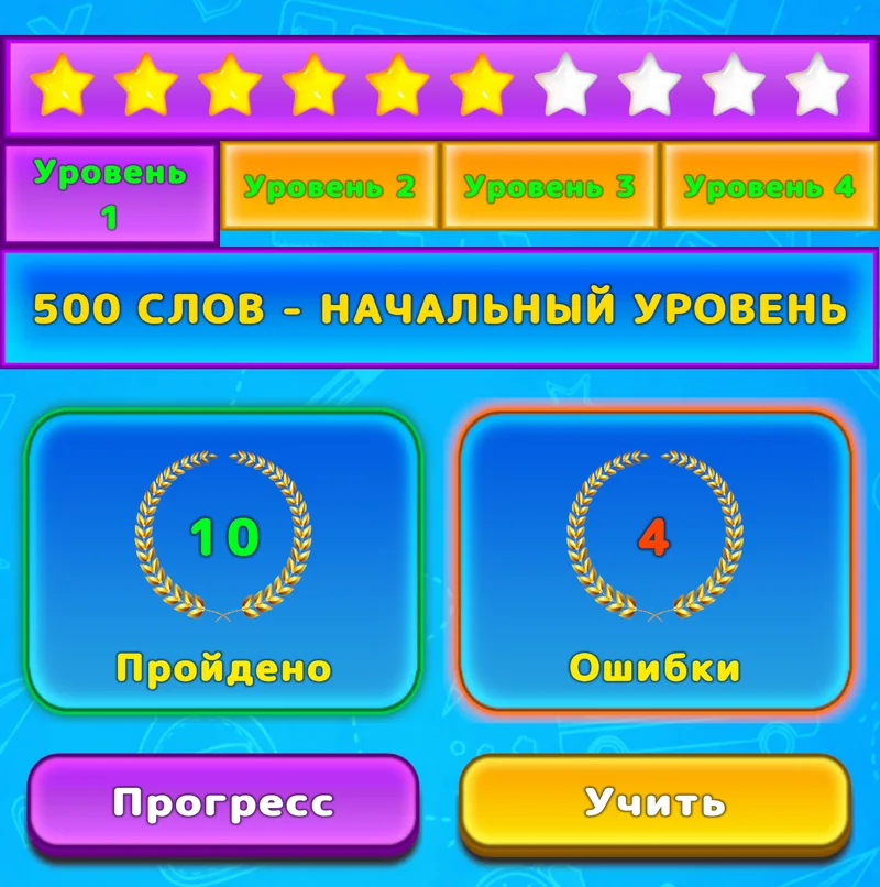 Экран LuvStudy с четырьмя уровнями, звёздами, количеством пройденных слов и ошибок