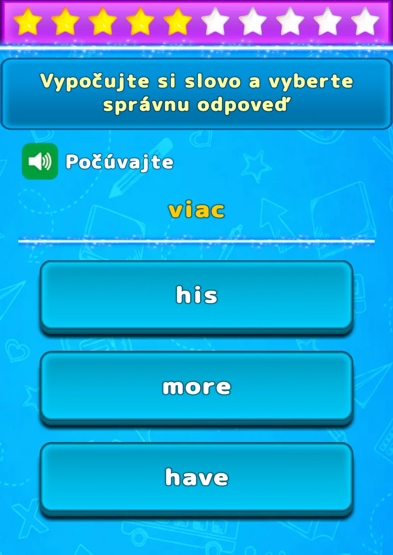 Cvičenie LuvStudy na počúvanie s tromi anglickými slovami na výber