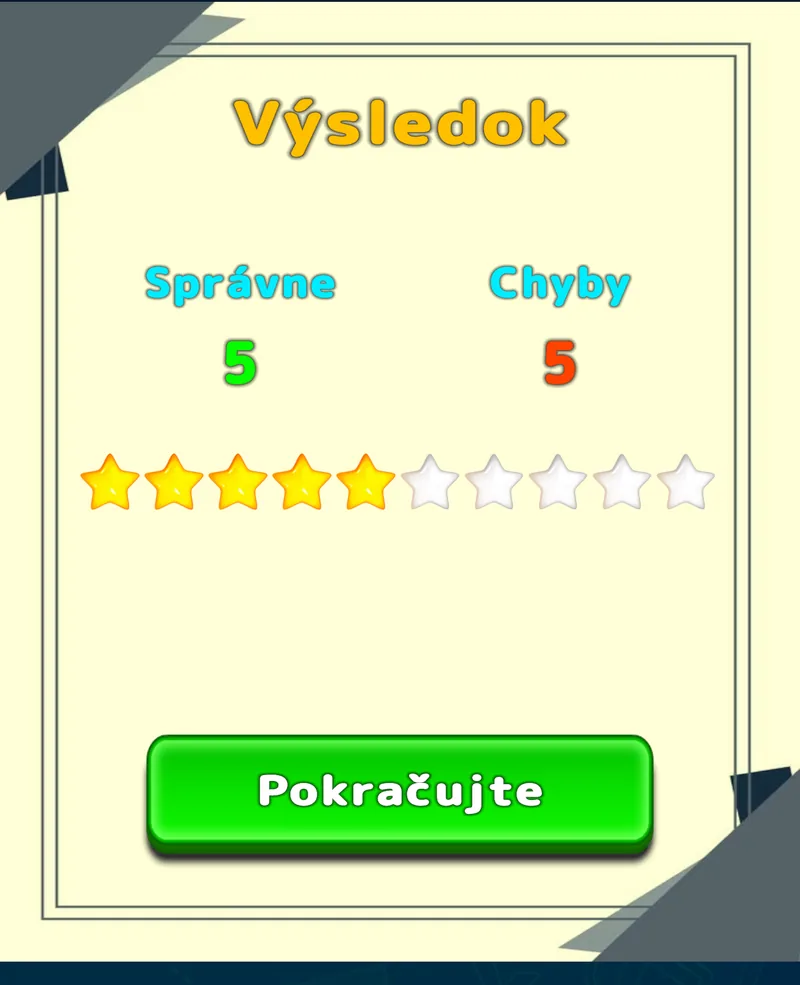 Výsledok precvičovania v LuvStudy so správnymi odpoveďami, chybami a hviezdičkami
