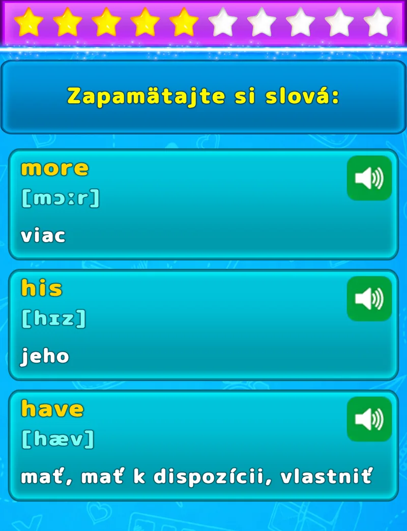 Obrazovka LuvStudy na zapamätanie troch anglických slov s prekladom, fonetickým prepisom a nahrávkou výslovnosti