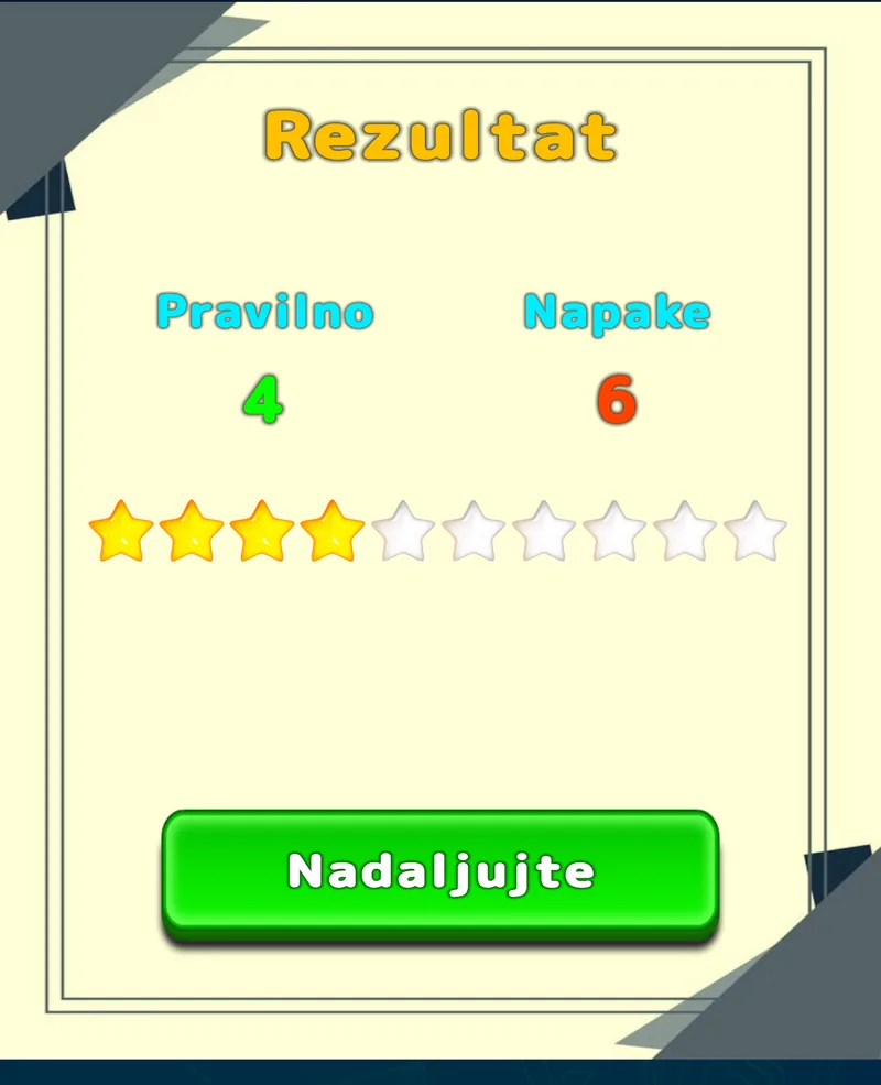Rezultat vaje v LuvStudyju s pravilnimi odgovori, napakami in zvezdicami