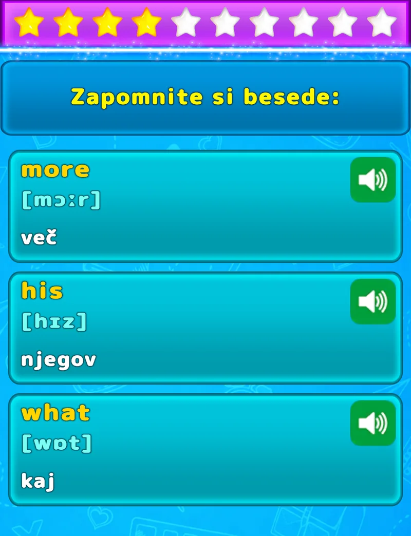 Zaslon LuvStudyja za pomnjenje treh angleških besed s prevodom, fonetičnim zapisom in zvokom