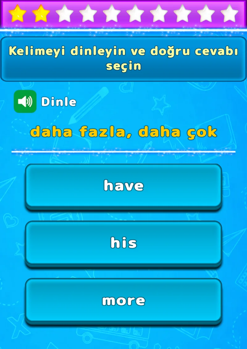 Üç İngilizce kelime seçeneğinin bulunduğu LuvStudy dinleme alıştırması