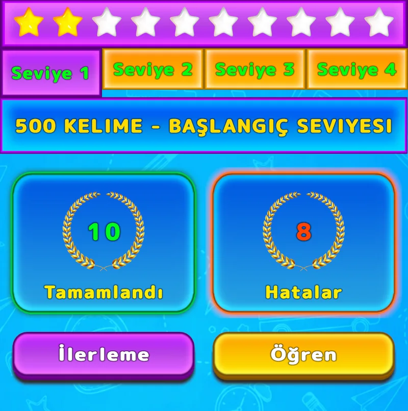 Dört seviye, yıldızlar, tamamlanan kelimeler ve hataların gösterildiği LuvStudy ekranı