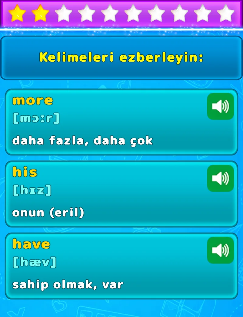 Çeviri, fonetik transkripsiyon ve sesli telaffuzla üç İngilizce kelimeyi ezberleme ekranı